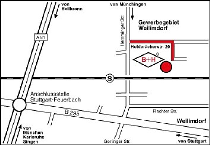 Anfahrtsskizze: A 81, Anschlussstelle Stuttgart-Feuerbach, B 295, Gewerbegebiet Weilimdorf, Holderäckerstraße 29