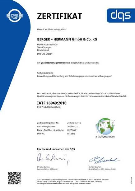 Zertifikat IATF 16949 der DQS für Berger + Hermann