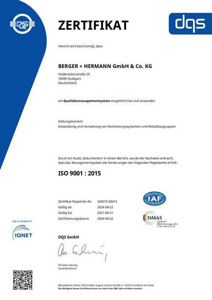 Zertifikat ISO 9001:2015 der DQS für Berger + Hermann